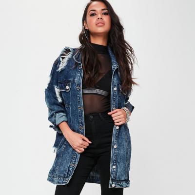 Blue Longline Ripped Denim Trucker Jacket Missguided