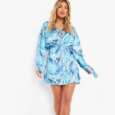 Womens Marble Satin Belted Shirt Dress Boohoo UK