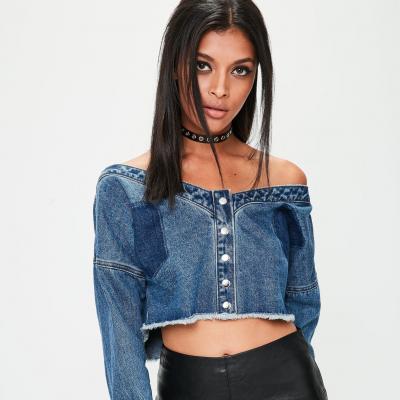 Blue Off The Shoulder Denim Shirt Missguided