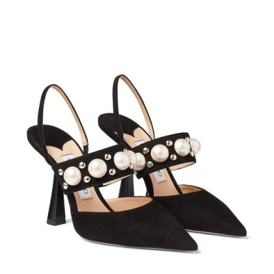Black Suede Slingbacks with Pearl and Stud Embellishment BRESLIN 100 Spring Summer 2021 JIMMY CHOO