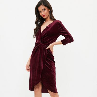 Burgundy Knot Wrap Velvet Dress Missguided