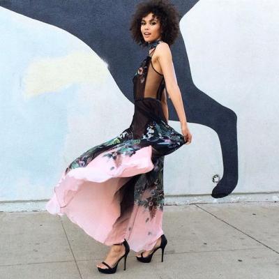 bebe PRINT PLEATED MAXI DRESS STYLE # 257790