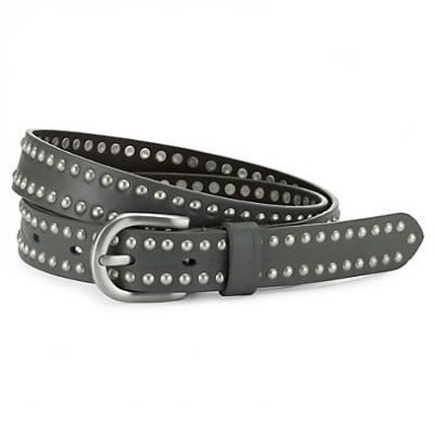 Studded Skinny Leather Belt - Khaki