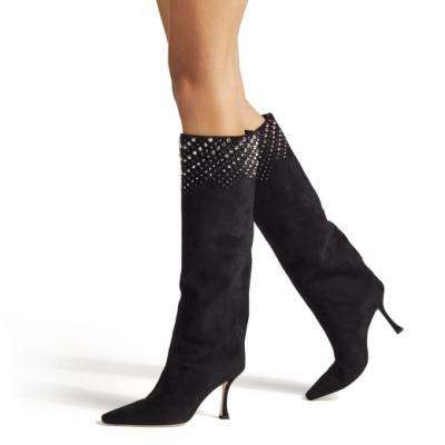 Black Suede Knee-High Boots with Gunmetal Dégradé Shadow Studs CHAD 90 Autumn Winter 2021 JIMMY CHOO