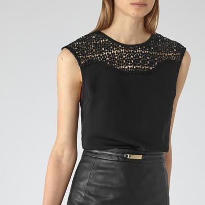 Reiss ELCHO CROCHET-DETAIL TOP BLACK