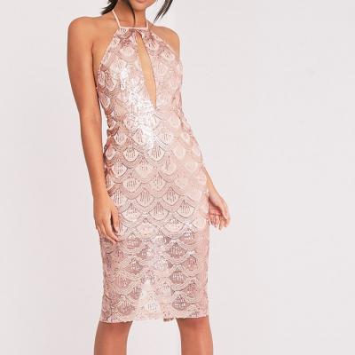 Amarie Rose Gold High Neck Keyhole Sequin Midi Dress - PrettylittleThing