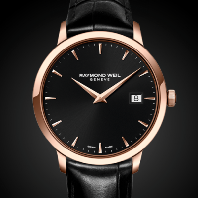 Raymond Weil TOCCATA Rose gold PVD plated stainless steel on leather strap, black dial