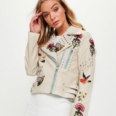 Cream Badge Biker Jacket Missguided