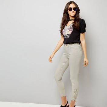 Cream Lace Up Side Skinny Jenna Jeans
