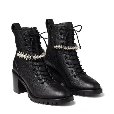 Black Grained Leather Lace-Up Combat Boots with Crystal and Pearl Detailing CRUZ 65 Autumn-Winter 2020 JIMMY CHOO