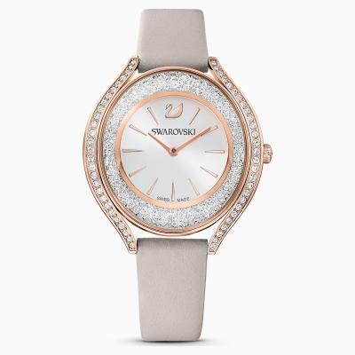 Crystalline Aura Watch, Leather strap, Grey, Rose-gold tone PVD Swarovski
