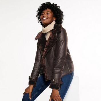 Dark Brown Faux Fur Lined Leather-Look Aviator Jacket New Look