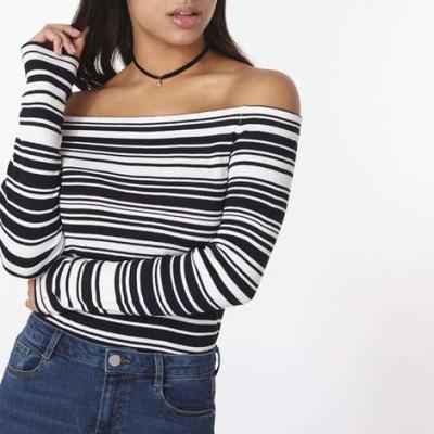 Navy And Ivory Stripe Bardot Jumper - Dorothy Perkins