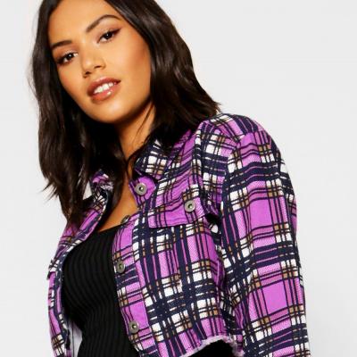 Purple Check Cropped Denim Jacket Boohoo