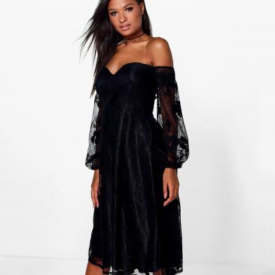 Boutique Le Lace Bardot Long Sleeved Dress at boohoo