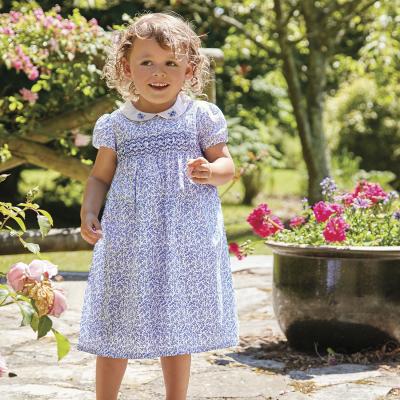 Girls Blue Ditsy Print Smocked Dress JoJo Maman Bebe