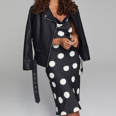 Black Polka Dot Satin Midi Slip Dress