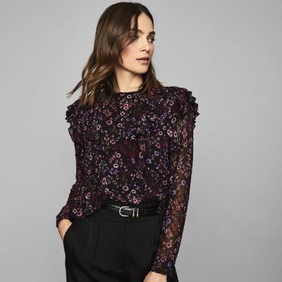 Faiza Black Floral Printed Ruffle Neck Blouse – REISS