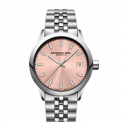 Ladies 34mm Rose Pink Steel Date Watch - Freelancer RAYMOND WEIL