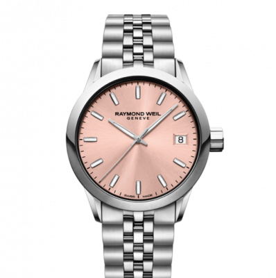 Ladies 34mm Rose Pink Steel Date Watch - Freelancer RAYMOND WEIL