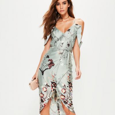 Grey Frill Floral Midi Dress - Missguided