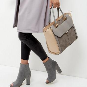 Grey Suedette Panel Tote Bag - New Look
