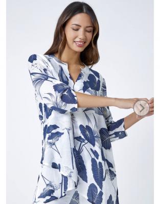 Navy Palm Print V-Neck Wrap Hem Tunic Top