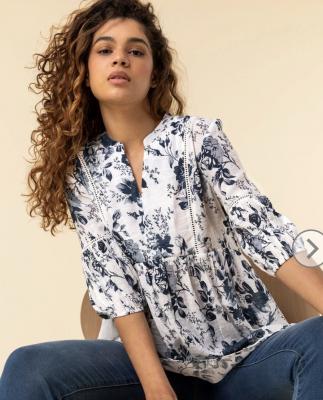 Blue Floral Print Notch Neck Top