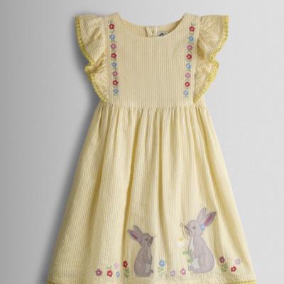 Yellow Bunny Appliqué Frill Shoulder Embroidered Dress
