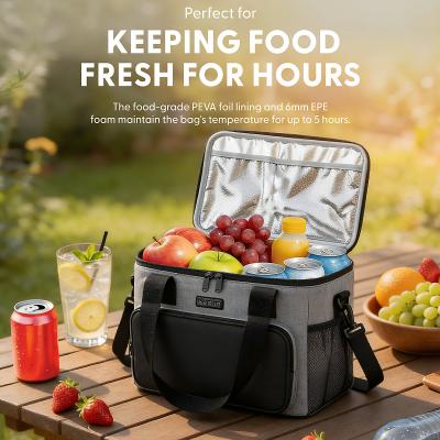 KEPLIN 27L Insulated Cooler Bag 35x28x28cm, Waterproof Leak Resistant with Shoulder Strap, Side & Front Pockets, Grey
