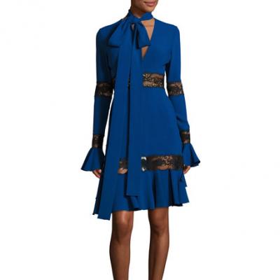 Elie Saab Long-Sleeve Lace-Inset Cocktail Dress with Necktie, Pansy