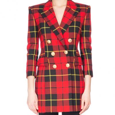 Balmain Tartan Double-Breasted Minidress, Red/Black