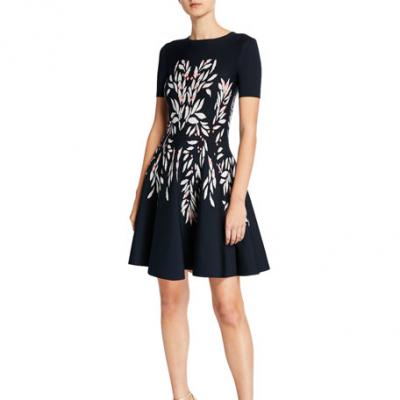 Oscar de la Renta Short-Sleeve Floral-Intarsia Knit Dress