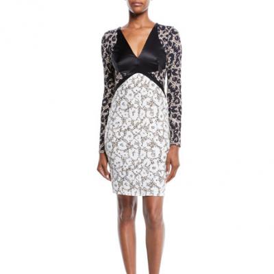 Roberto Cavalli V-Neck Long-Sleeve Retro Leopard-Print Stretch-Jersey Dress