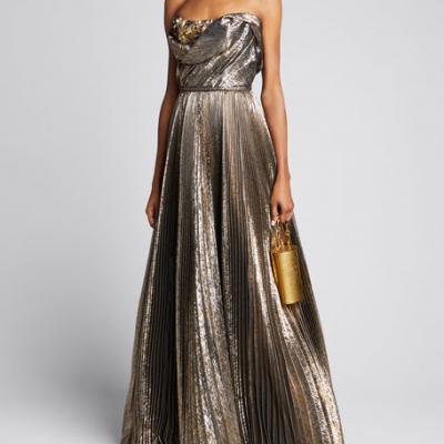 Oscar de la Renta Strapless Metallic Pleated A-Line Gown