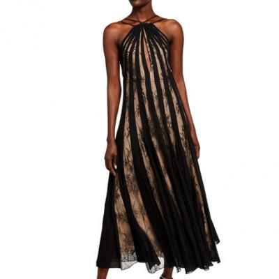 Oscar de la Renta Lace-Striped Halter Neck Dress