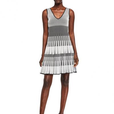 Herve Leger Two-Tone V-Neck Fit & Flare Dress