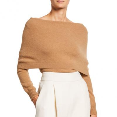 Oscar de la Renta Fold Over Off-the-Shoulder Long-Sleeve Cashmere Sweater