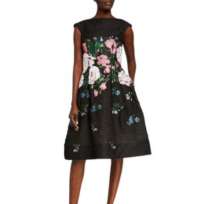 Oscar de la Renta Floral-Embroidered Fil Coupe Dress
