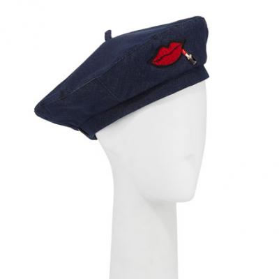 Karl Lagerfeld Denim Beret w/ Lips Applique