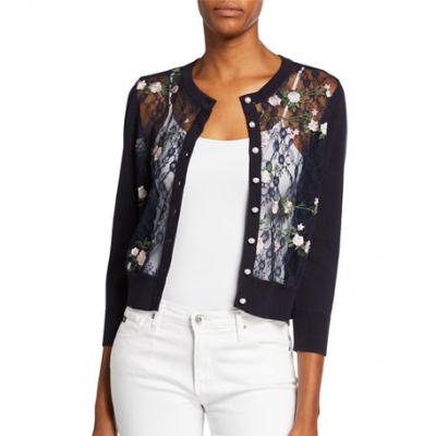 Karl Lagerfeld Paris Floral Embroidered Pearlescent Button Cardigan
