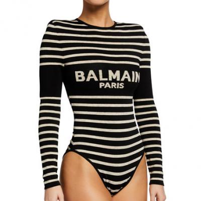 Balmain Long-Sleeve Golden-Striped Logo Bodysuit