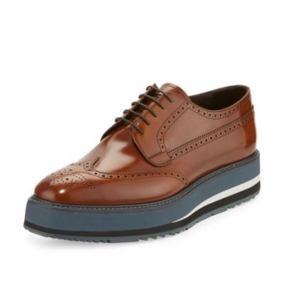 Prada Mens Spazzolato Creeper Brogue Platform Shoe, Light Brown