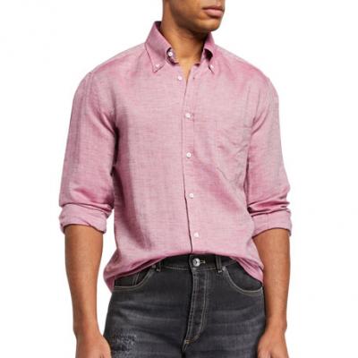 Brunello Cucinelli Mens Long-Sleeve Micro Oxford Sport Shirt