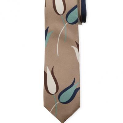 Valentino Mens Slim Floral-Print Silk Tie, Beige