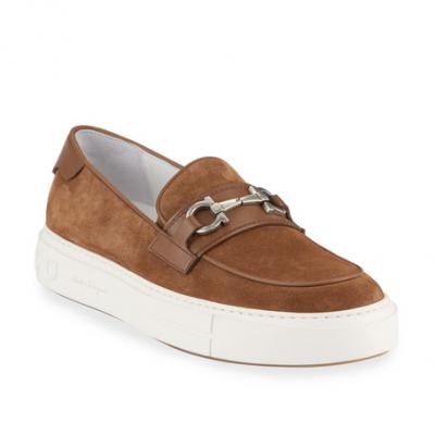 Salvatore Ferragamo Mens Saturday Suede Gancini Loafer Sneakers, Brown