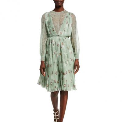 Valentino Lace Long Sleeve Pleated Silk Dress