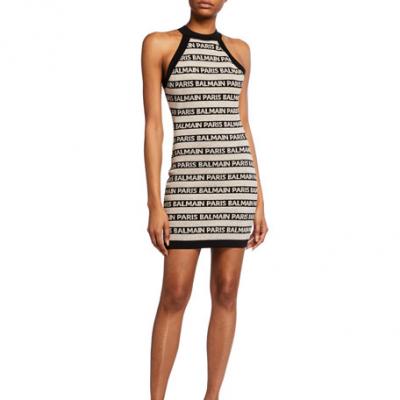 Balmain Short Sleeveless Logo Stripe Dress