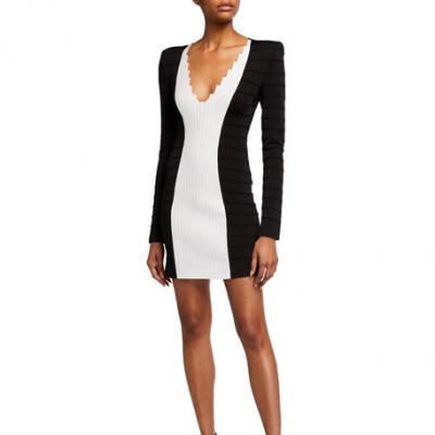 Balmain Long-Sleeve V-Neck Bicolor Knit Mini Dress