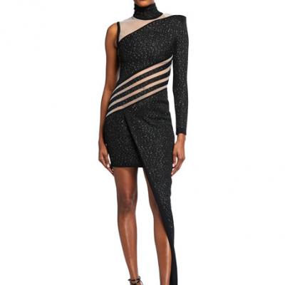 Balmain High-Neck Asymmetric Sequin Dress